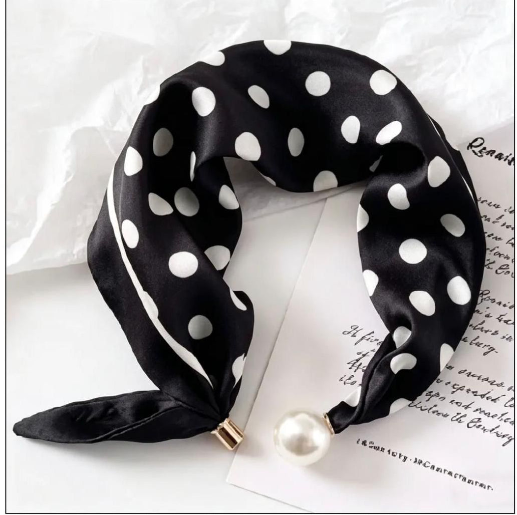 Black &amp; White Polka Dot Silk Neck Scarf with Magnetic Pearl Clasp