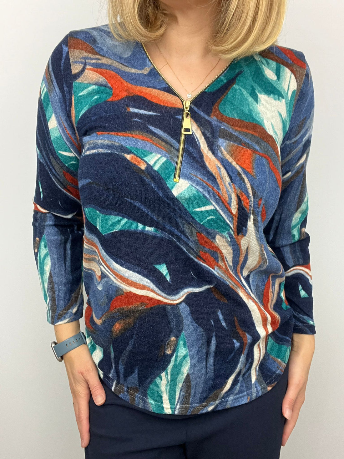 Ilona Winter Weight Zip top in Navy print Ww25 4