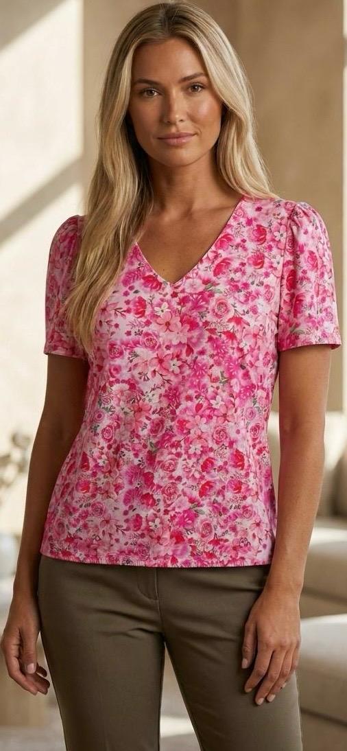 Yew Short sleeve V Neck Top with Elastic Waistband. Yew 29 4153