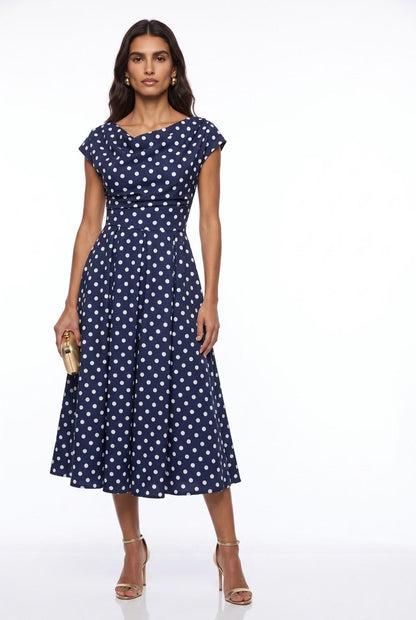 Marc Angelo Polka Dot Midi Dress with Cowl Neckline 181-26 Navy Spot