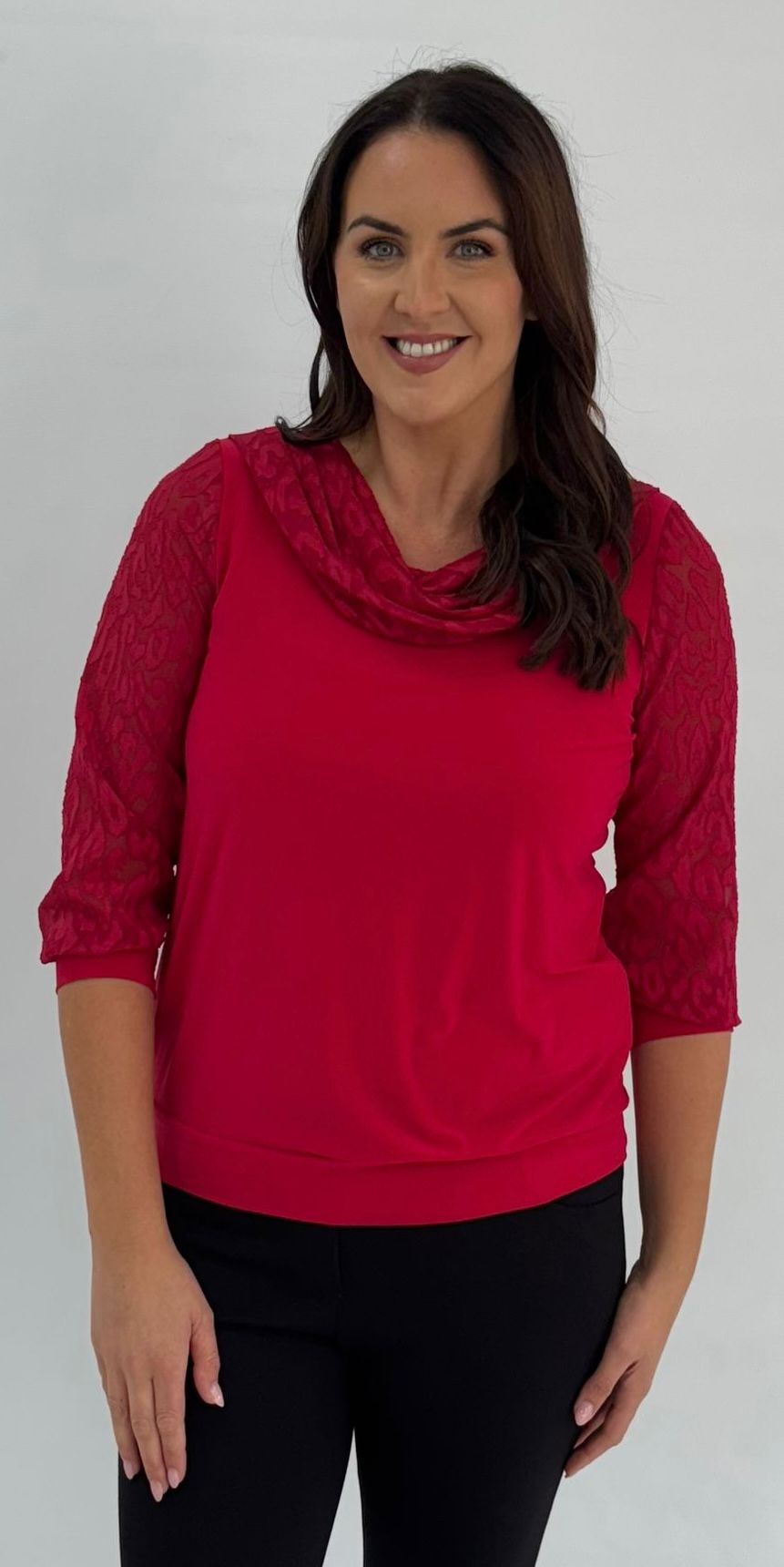 Yew Elsie Red Cowl Neck top with Semi sheer pattern sleeve 2647 Red