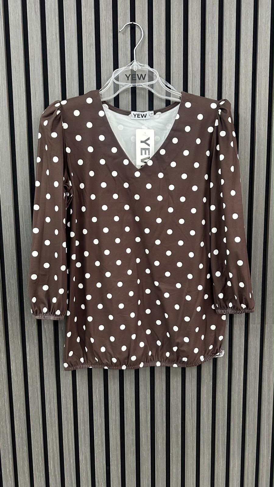 Yew V Neck Top in Brown Polka Dot Print Yew26 57
