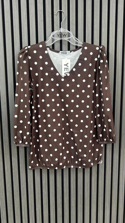 Yew V Neck Top in Brown Polka Dot Print Yew26 57