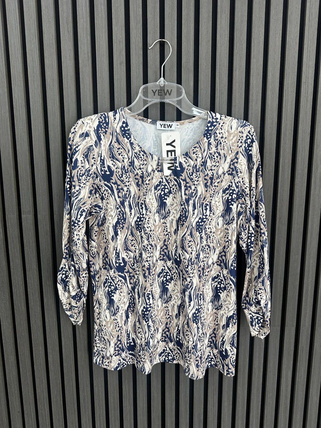 Yew Navy Taupe Print Top with Brooch neck detail Yew26 52