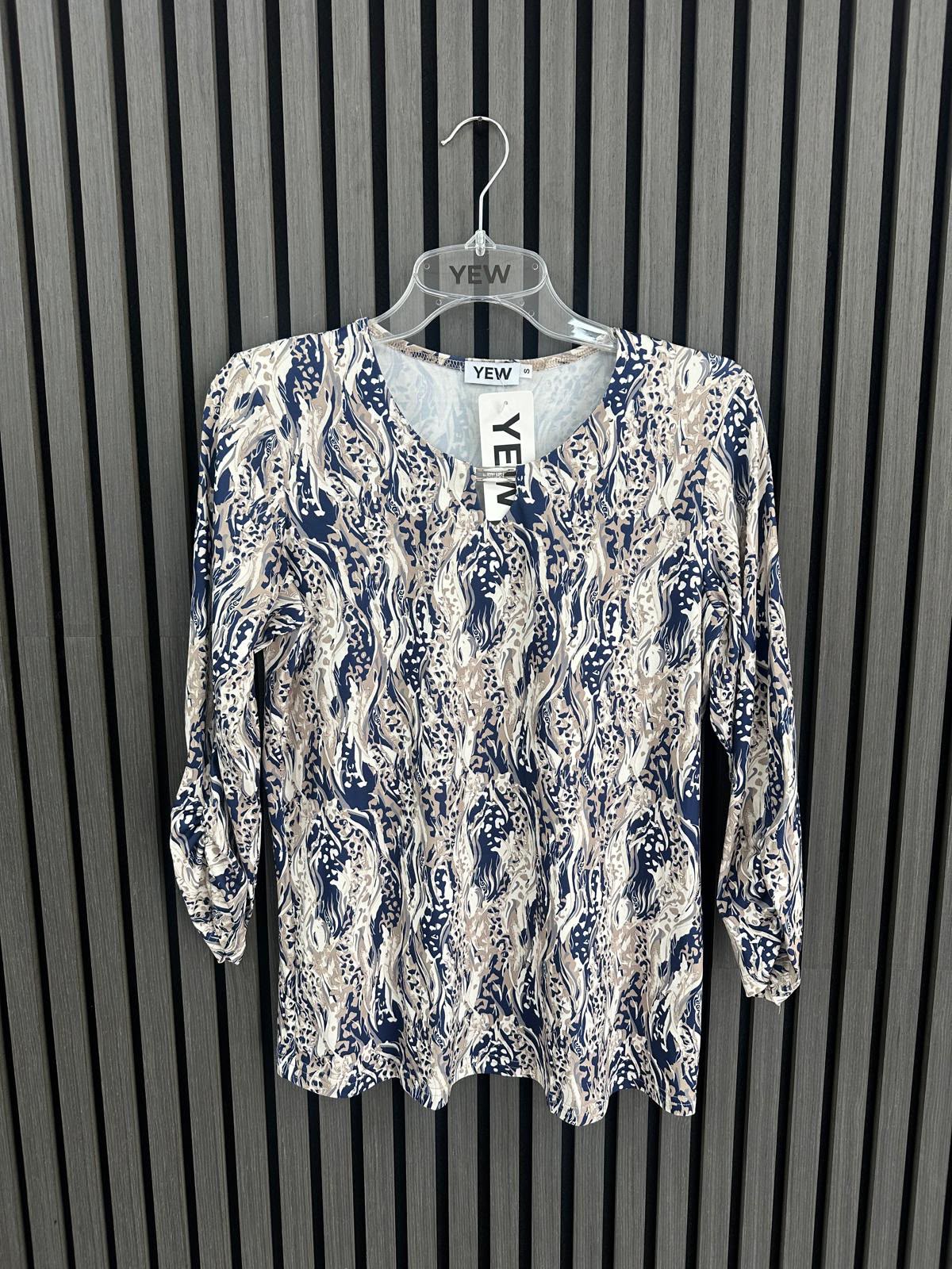 Yew Navy Taupe Print Top with Brooch neck detail Yew26 52