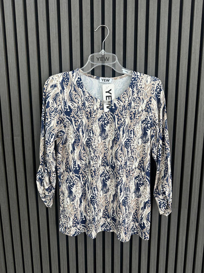 Yew Navy Taupe Print Top with Brooch neck detail Yew26 52