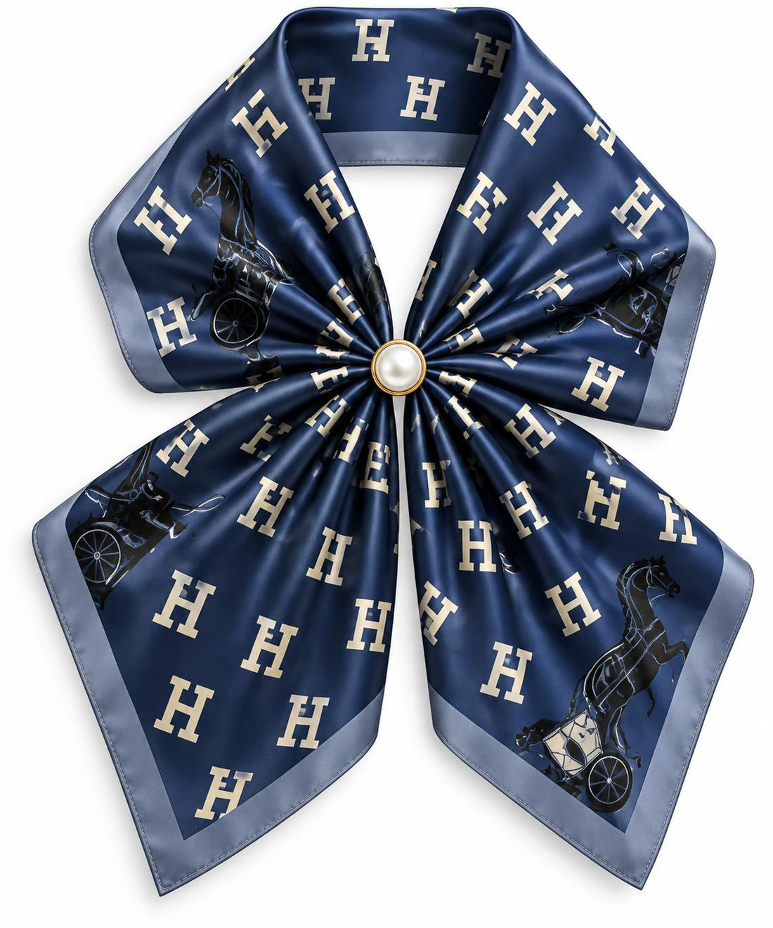 Silk Blend Scarf with Adjustable Pearl Clasp – Navy Equestrian Print