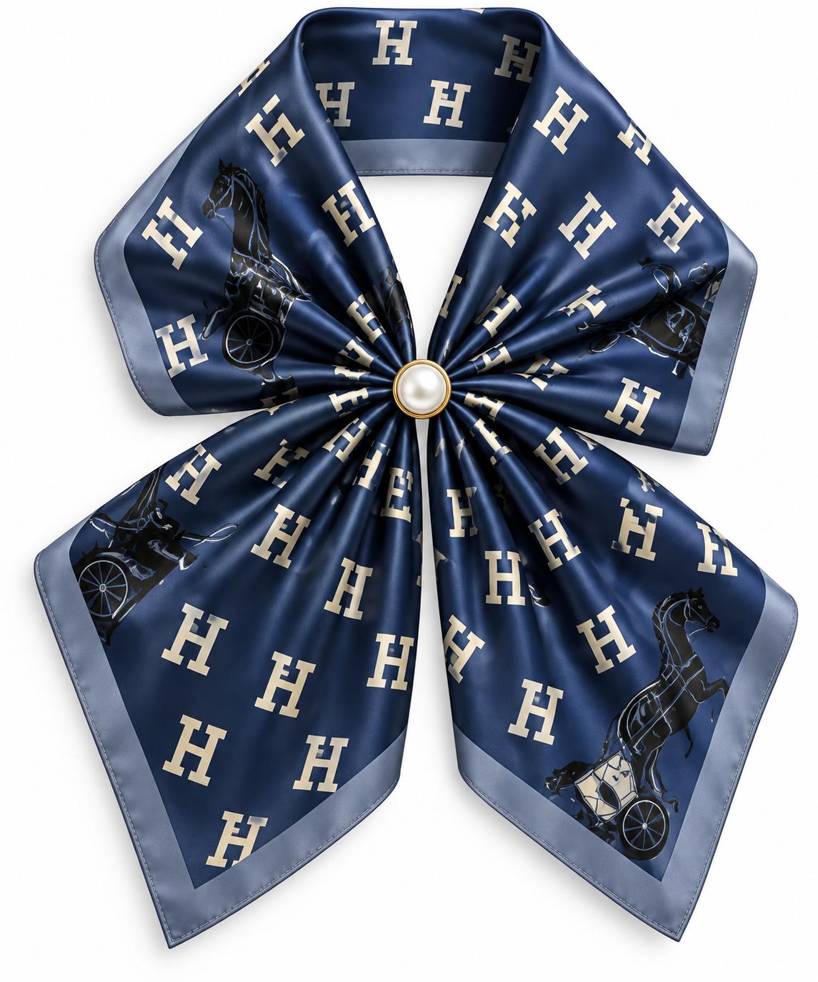 Silk Blend Scarf with Adjustable Pearl Clasp – Navy Equestrian Print
