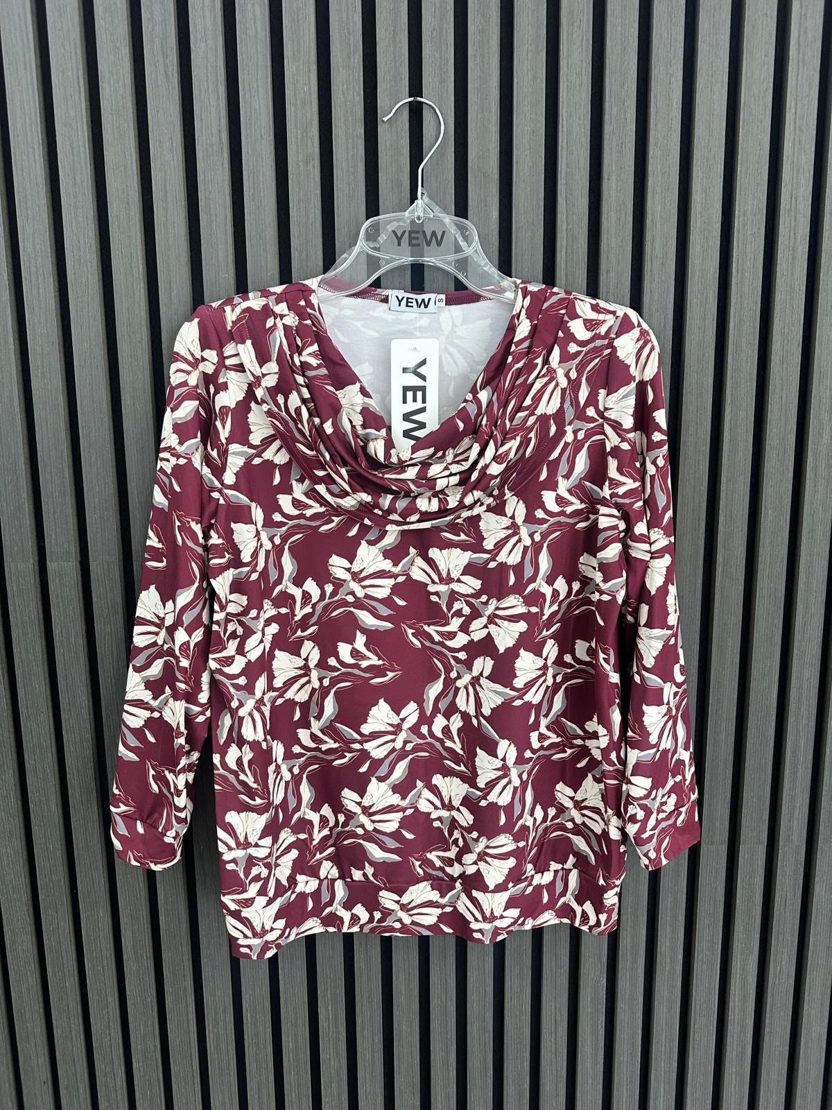 Yew Cowl neck Top in Burgundy Print with 3/4 sleeve Yew26 54