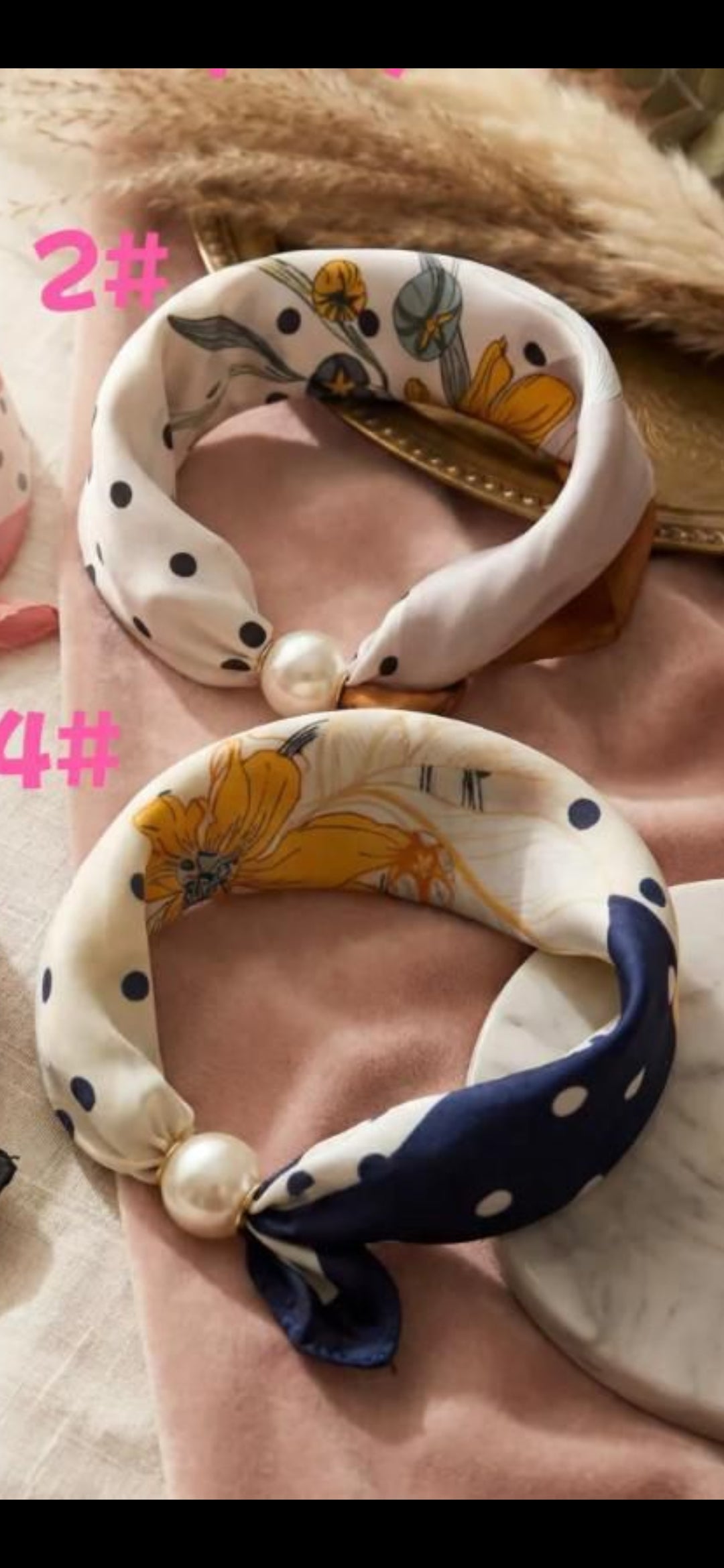 Cream Floral &amp; Navy Polka Dot Silk Neck Scarf with Magnetic Pearl Clasp