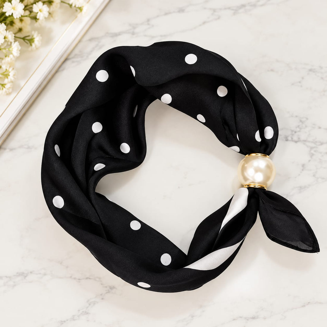 Black and White Polka dot scarf with pearl magnetic clasp