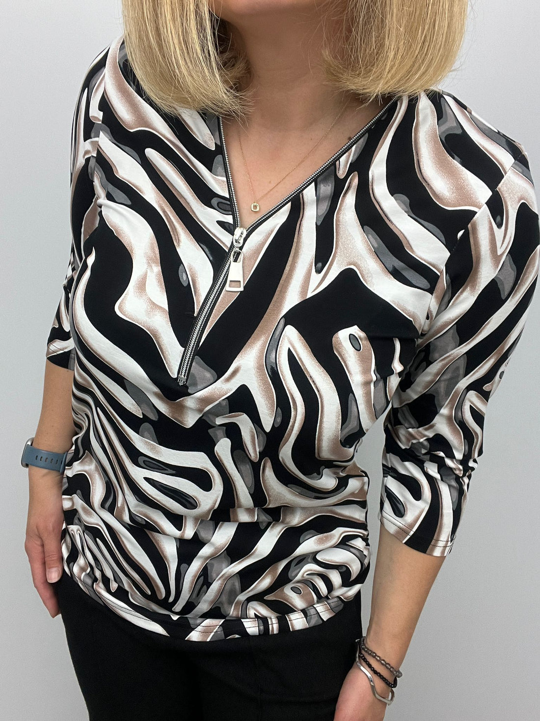Black and Tan print Zip top with 3/4 sleeves