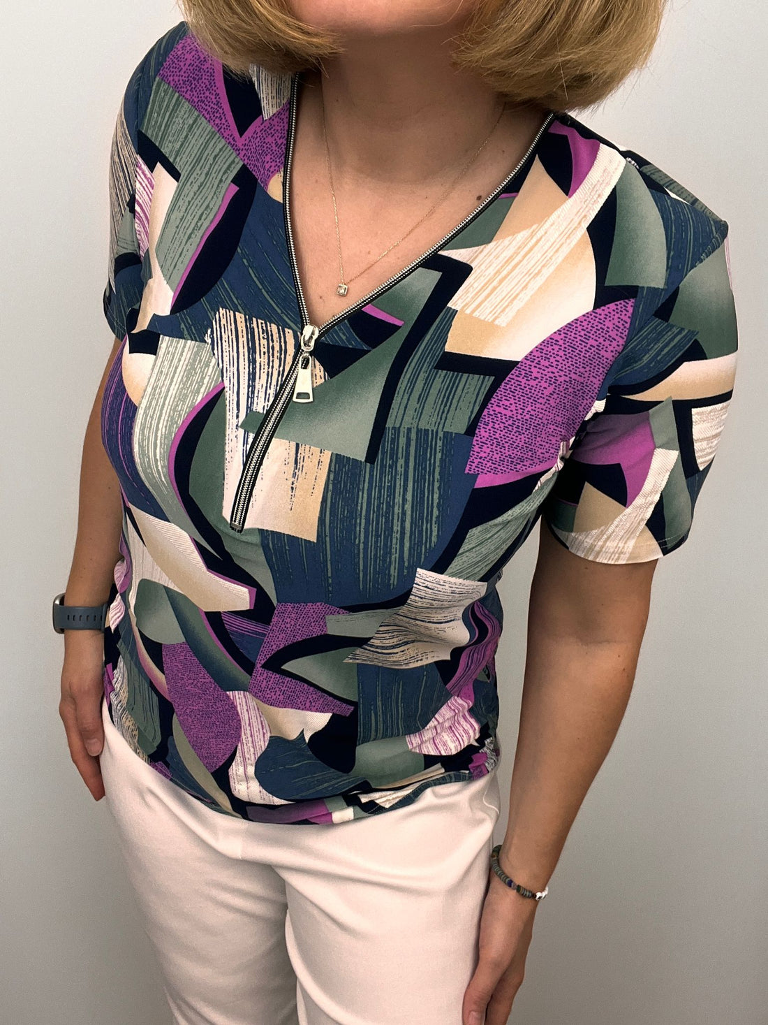 Short Sleeve Zip Top in Khaki and Purple Mix