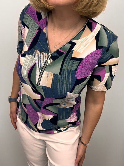 Short Sleeve Zip Top in Khaki and Purple Mix
