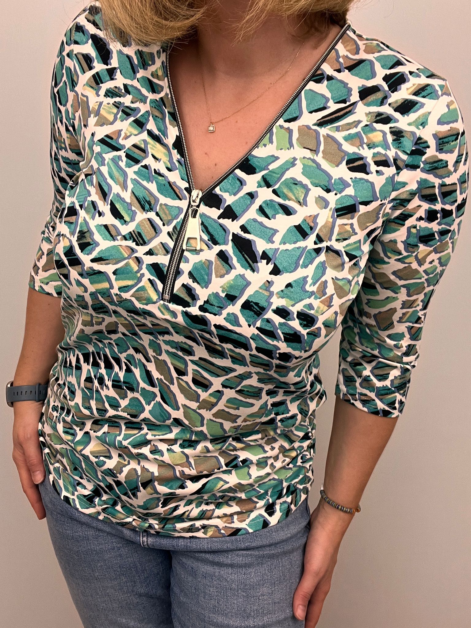 Ilona Zip top with Green mosiac Print Zip25 10