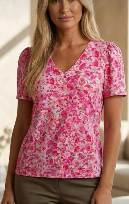 Yew Short sleeve V Neck Top with Elastic Waistband. Yew 29 4153