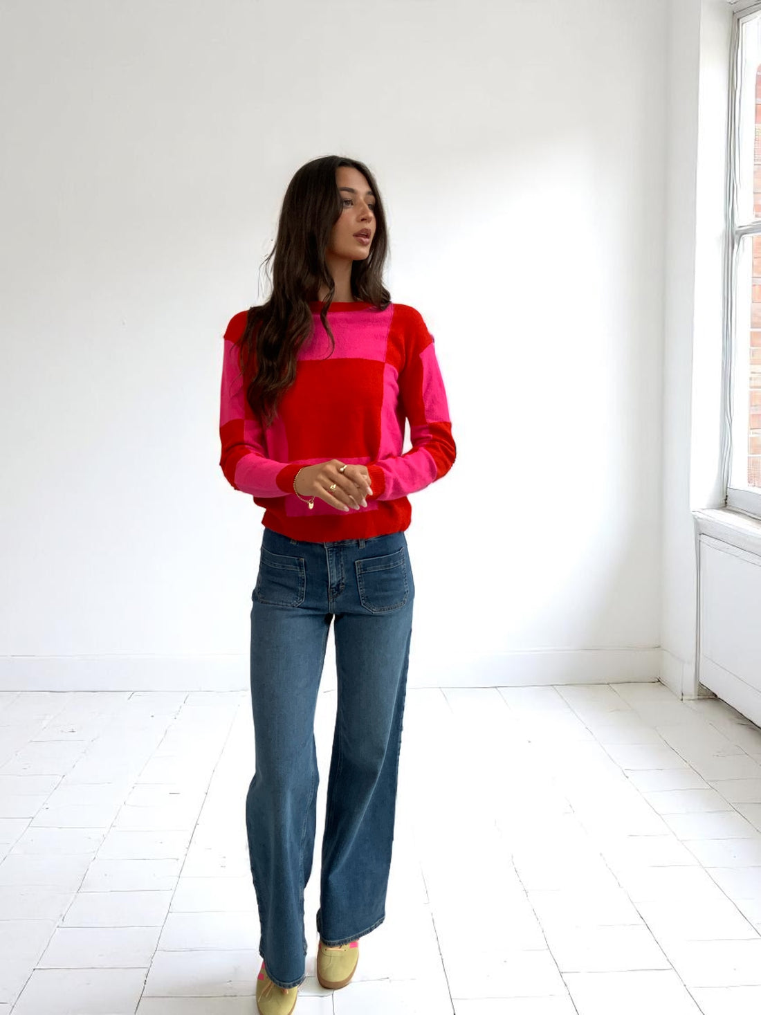 This Girls Curosity Narvi Jumper in Pink Red Squares