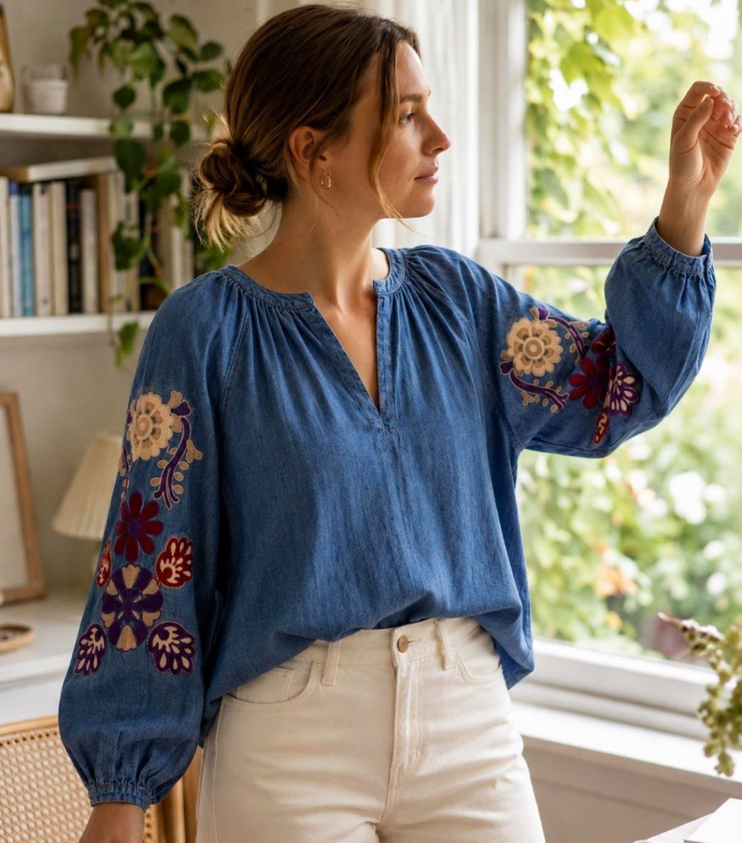 Iris Denim shirt with appliqué sleeve detail
