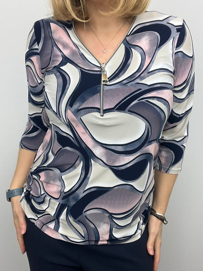 Ilona Navy and Mauve print Zip top with 3/4 sleeves  Zip26 1