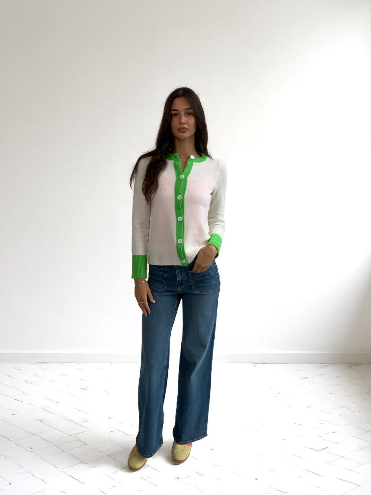 This Girls Curosity Elara Cardigan with Green or pink Trim