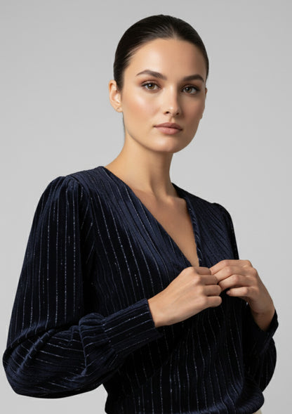 Marc Angelo plush velvet wrap top in Navy