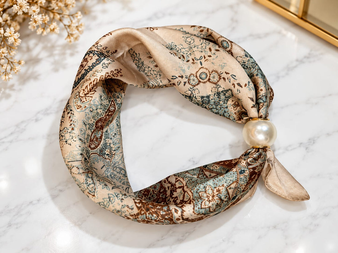 Beige Paisley Print scarf with pearl magnetic clasp.