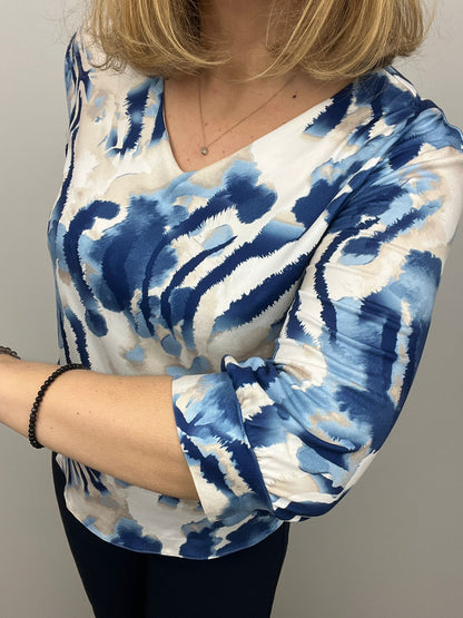 Ilona V Neck Top in Blue Print