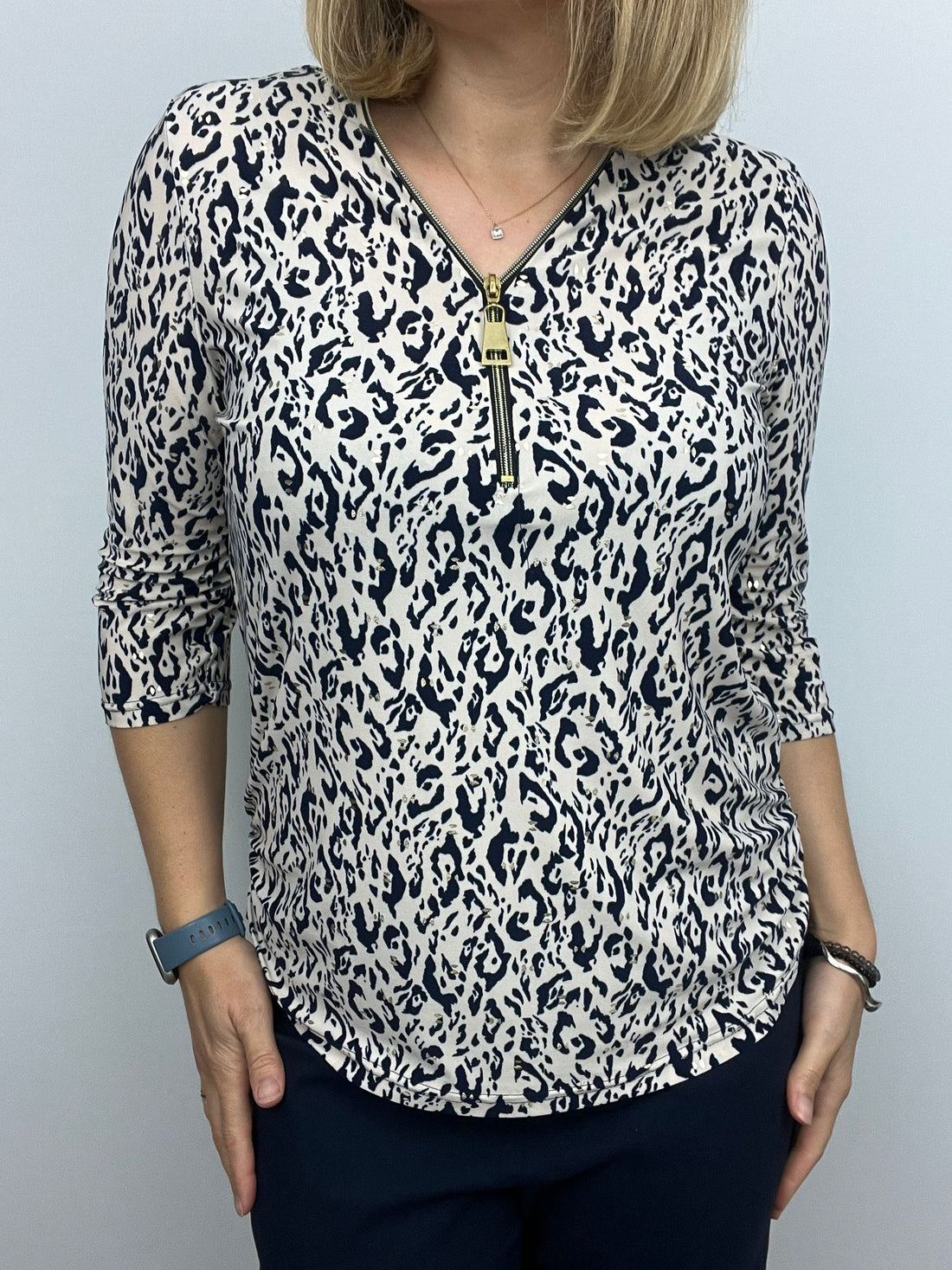 Ilona Navy print 3/4 sleeve zip top Zip25 30
