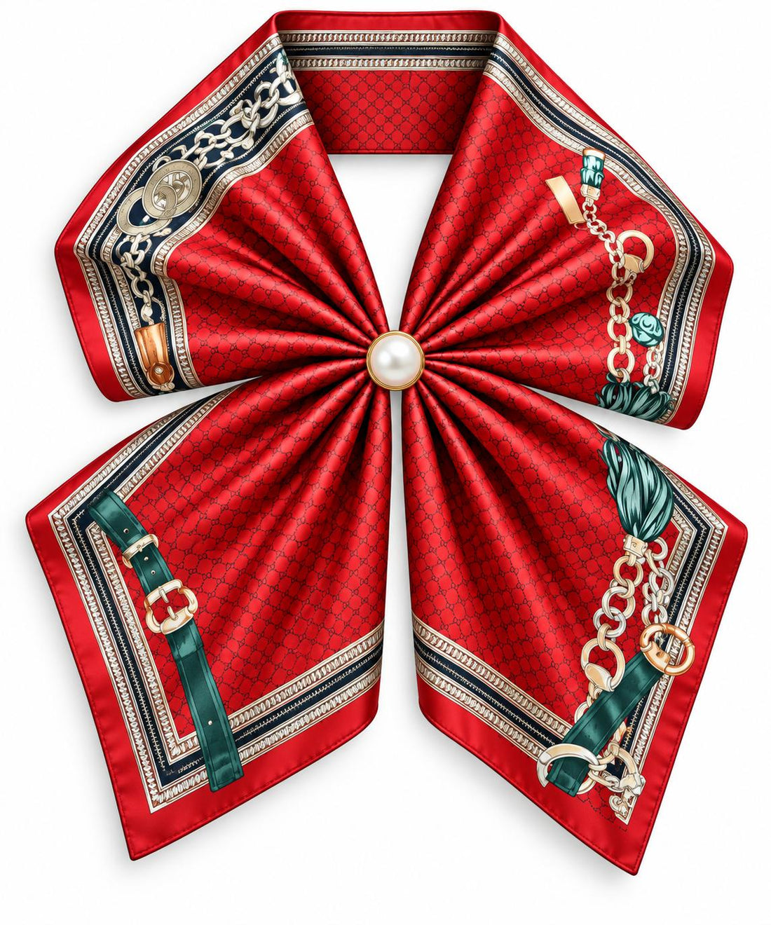 Silk Blend Scarf with Adjustable Pearl Clasp – Red Chain Print