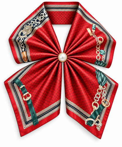 Silk Blend Scarf with Adjustable Pearl Clasp – Red Chain Print