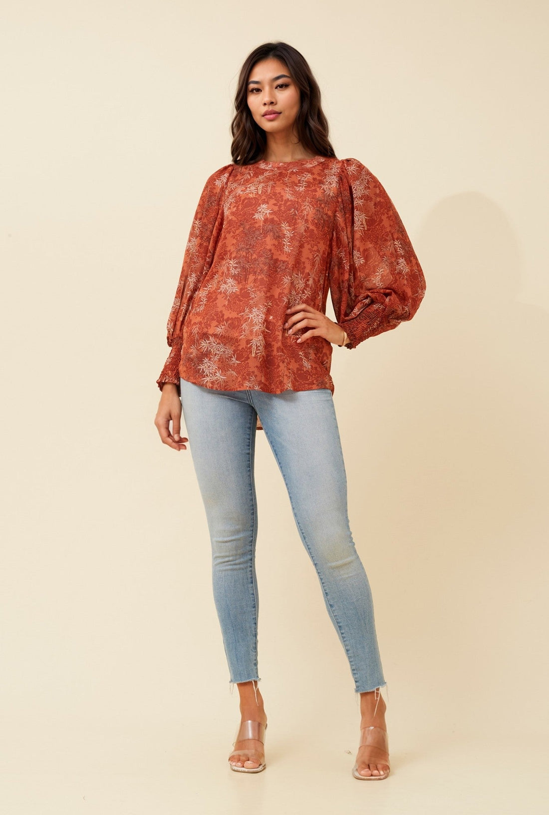 Leaf Print chiffon top with Balloon sleeve