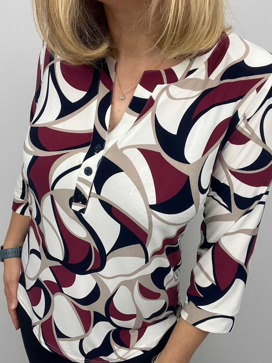 Ilona Burgundy and Navy Print 3 button top