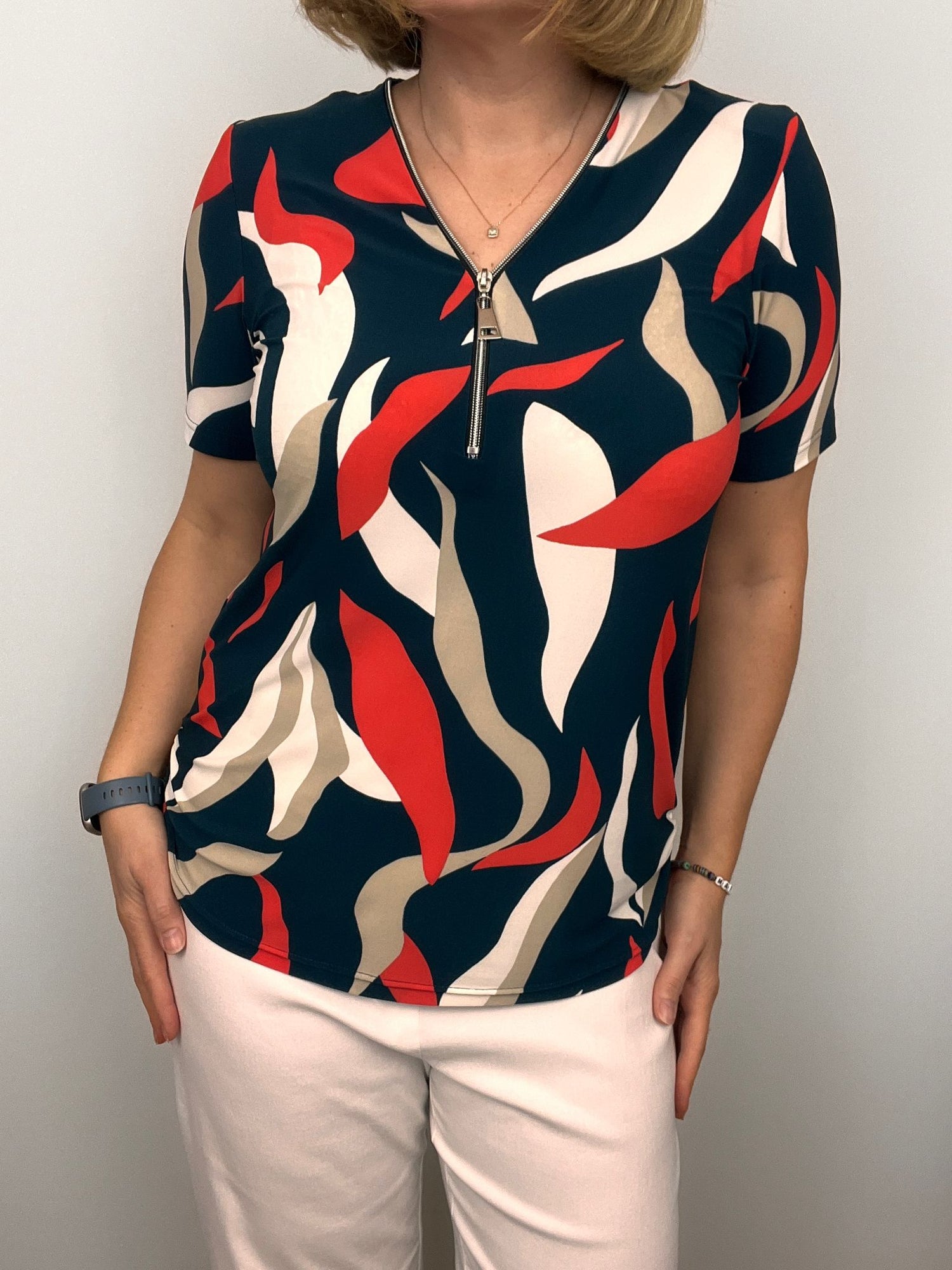 Short Sleeve Zip Top in Navy Stone and Orange mix Zip25 13