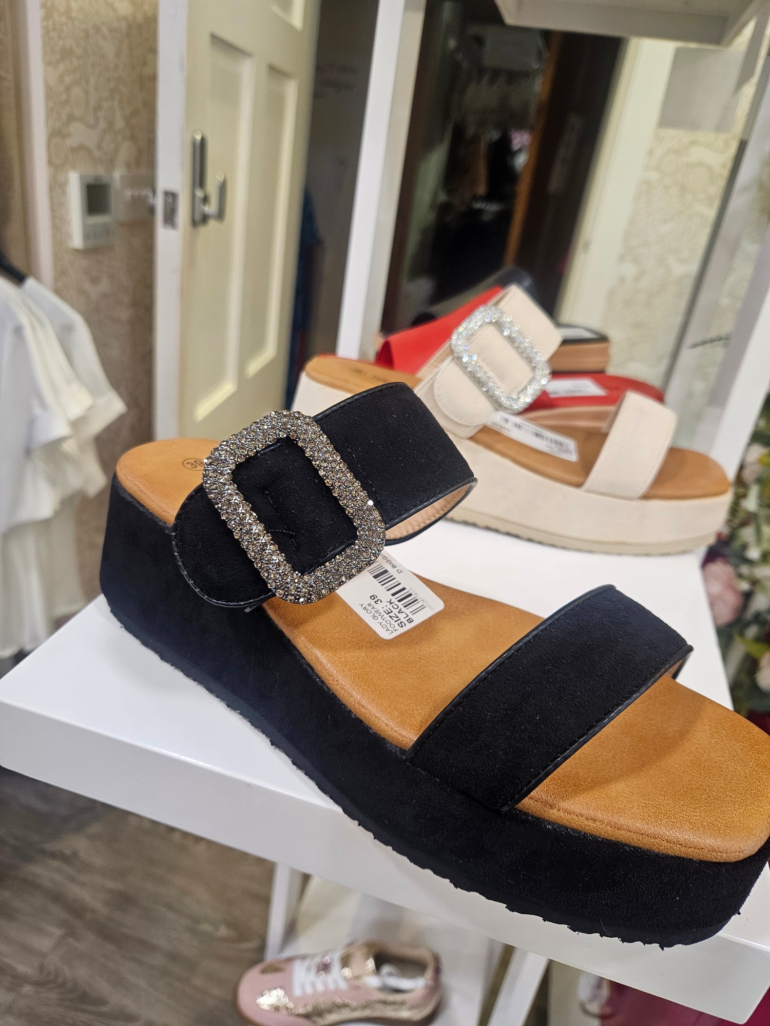 Slip on Faux Suede Sandal with Diamante Buckle Black