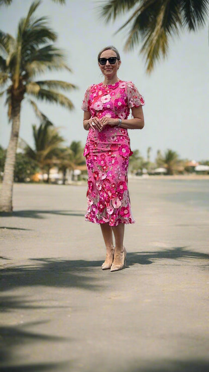 Hot Pink Multi 3d Floral Dress