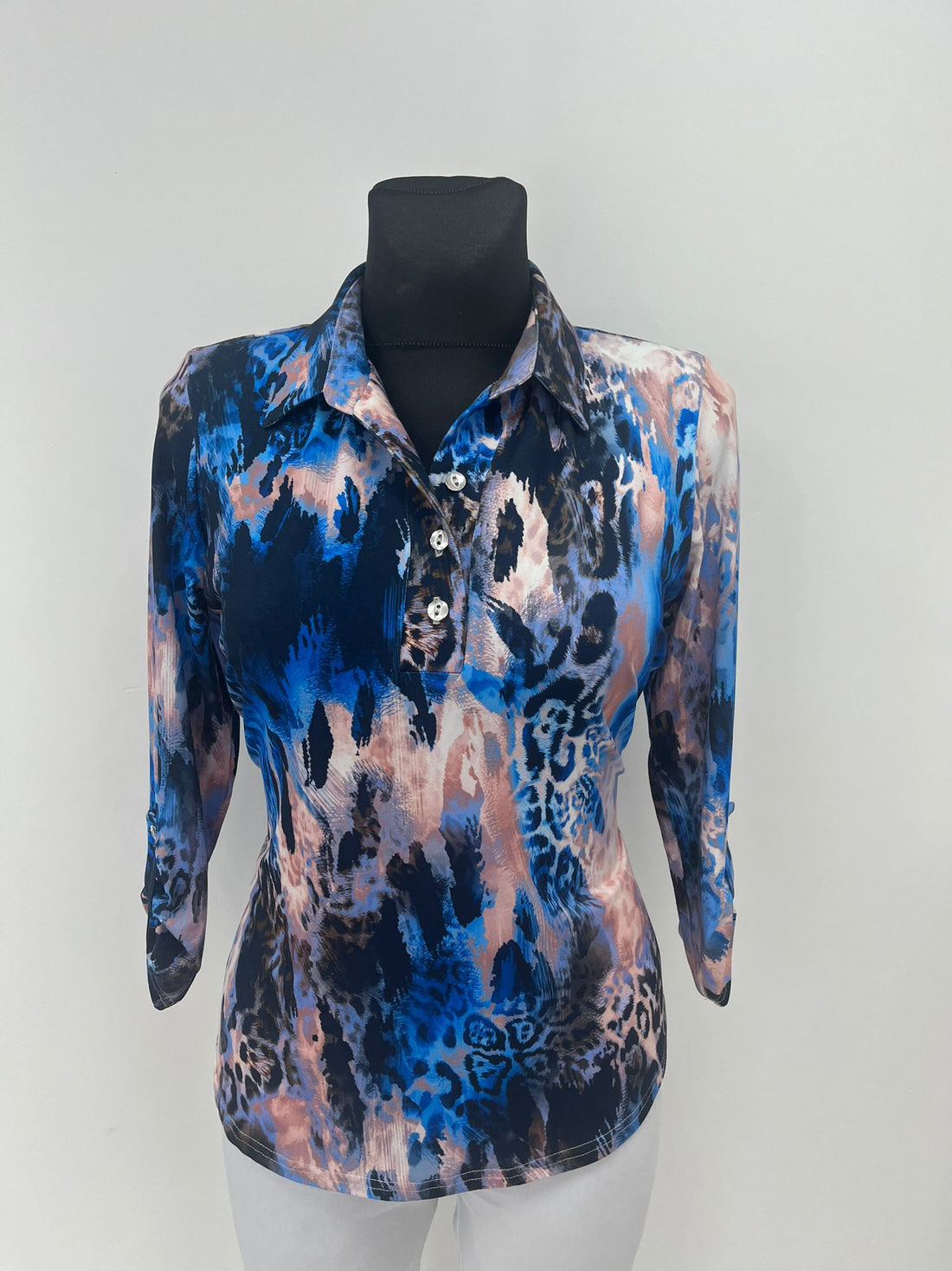Yew Top with Collar and 1/4 button opening in Royal blue print  Yew25 45