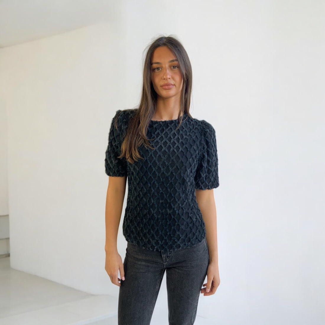 This Girls Curosity Sophia Black Textured Top