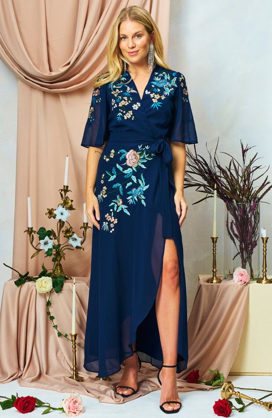 Hope and Ivy Catriona Embroidered Flutter Sleeve Maxi Wrap Dress with Tie Waist