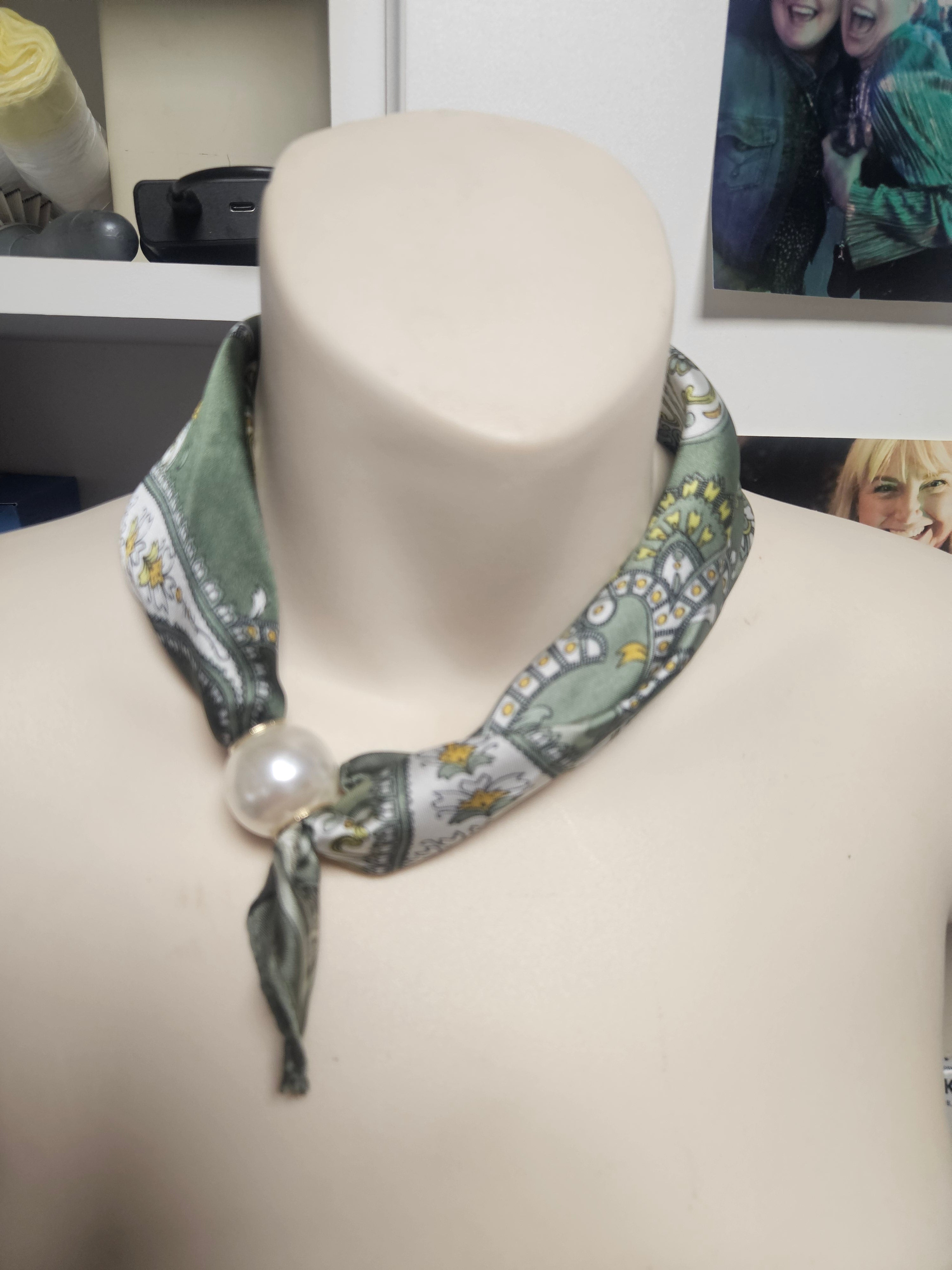 Green Floral Paisley Neck Scarf with magnetic Pearl Clasp