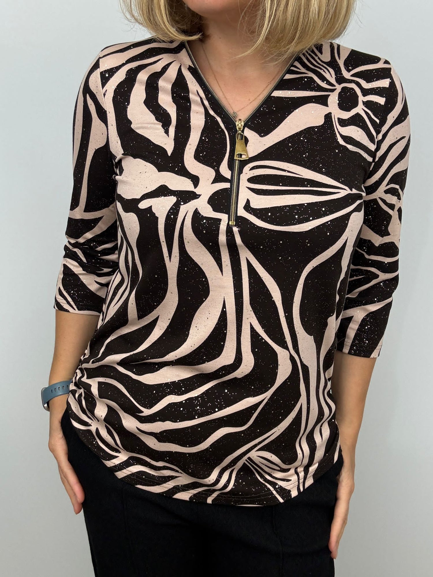 Ilona 3/4 sleeve Zip top in Brown and Beige print Zipaw26 11