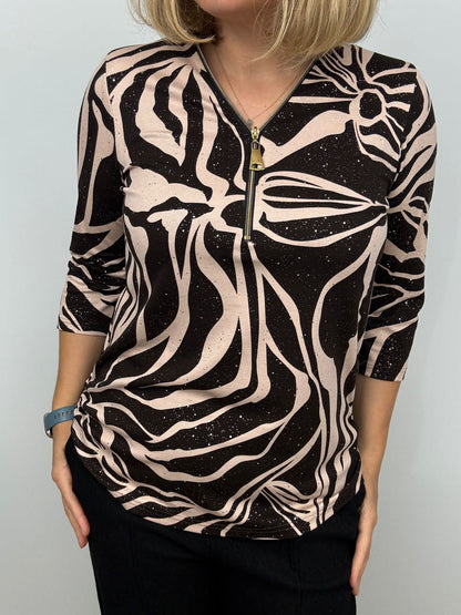 Ilona 3/4 sleeve Zip top in Brown and Beige print Zipaw26 11