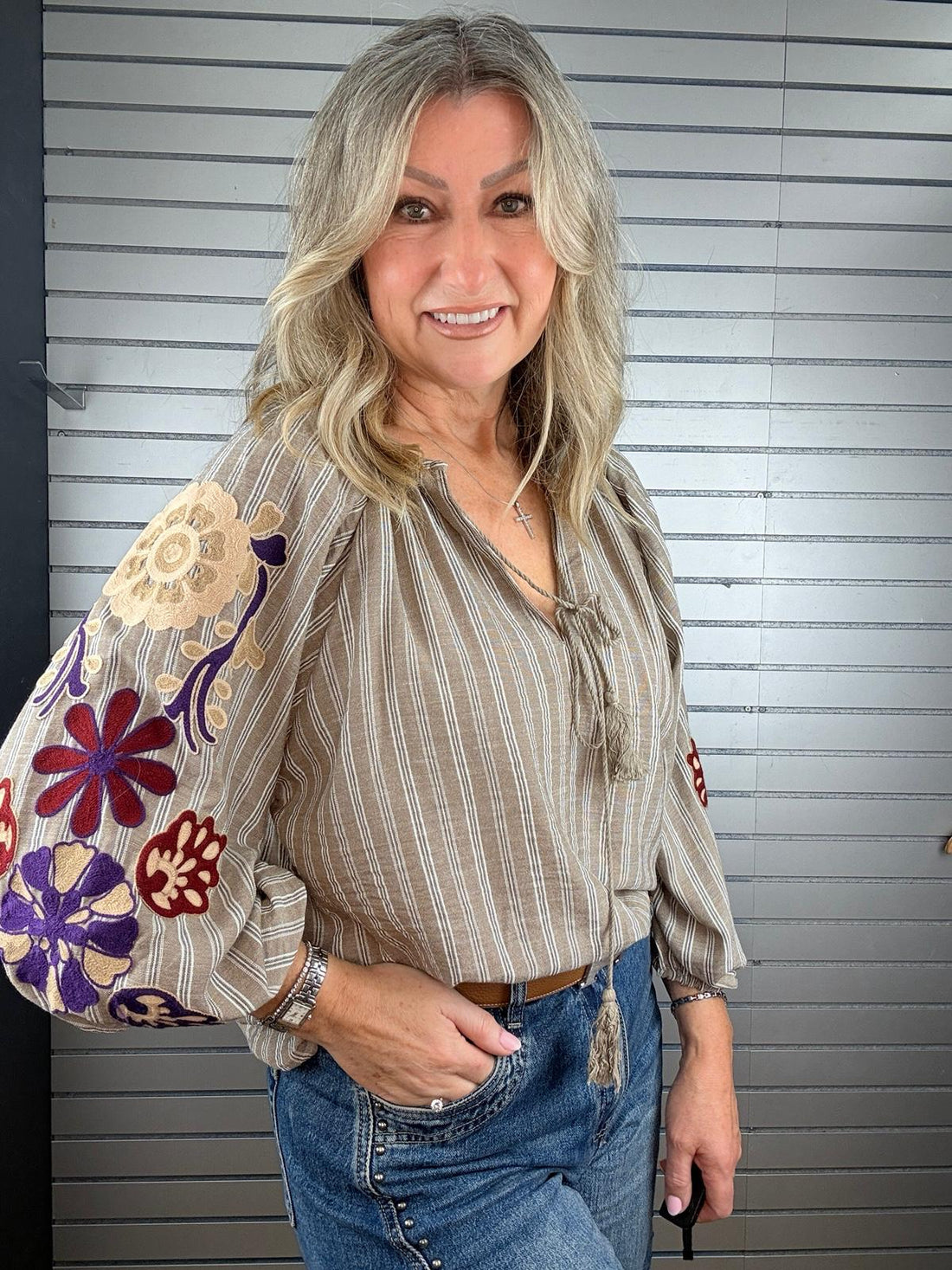 Lilly Cotton blouse in Mocha with Embroidery sleeve detail