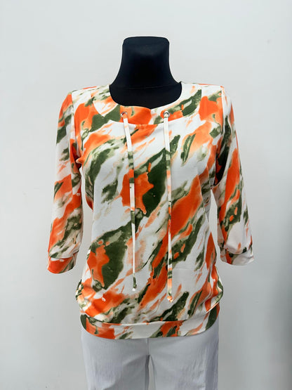 Yew Top with Deep waistband in Khaki orange print Yew26 14
