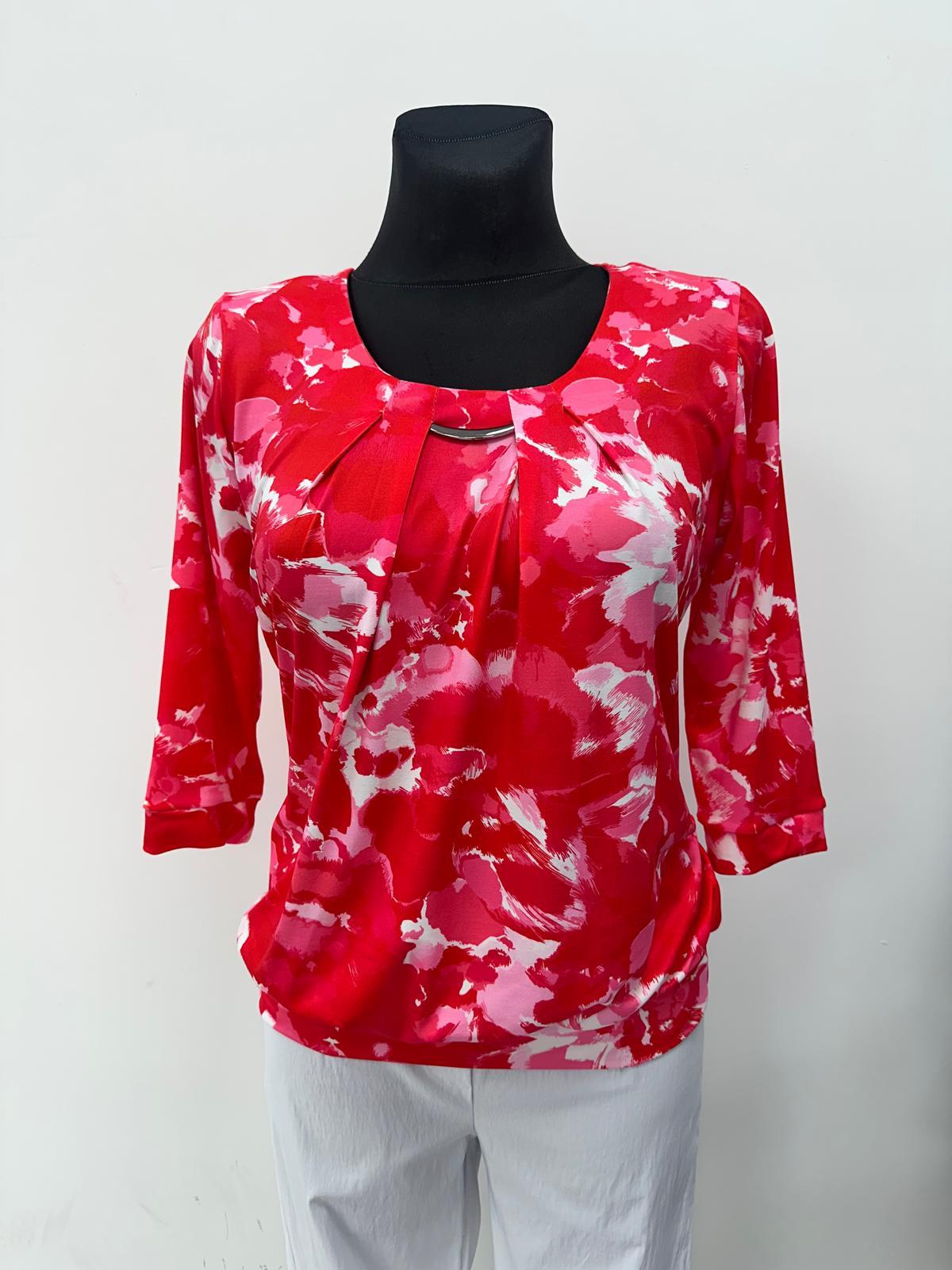 Yew Round neck top with wide soft waistband in red print Yew26 8