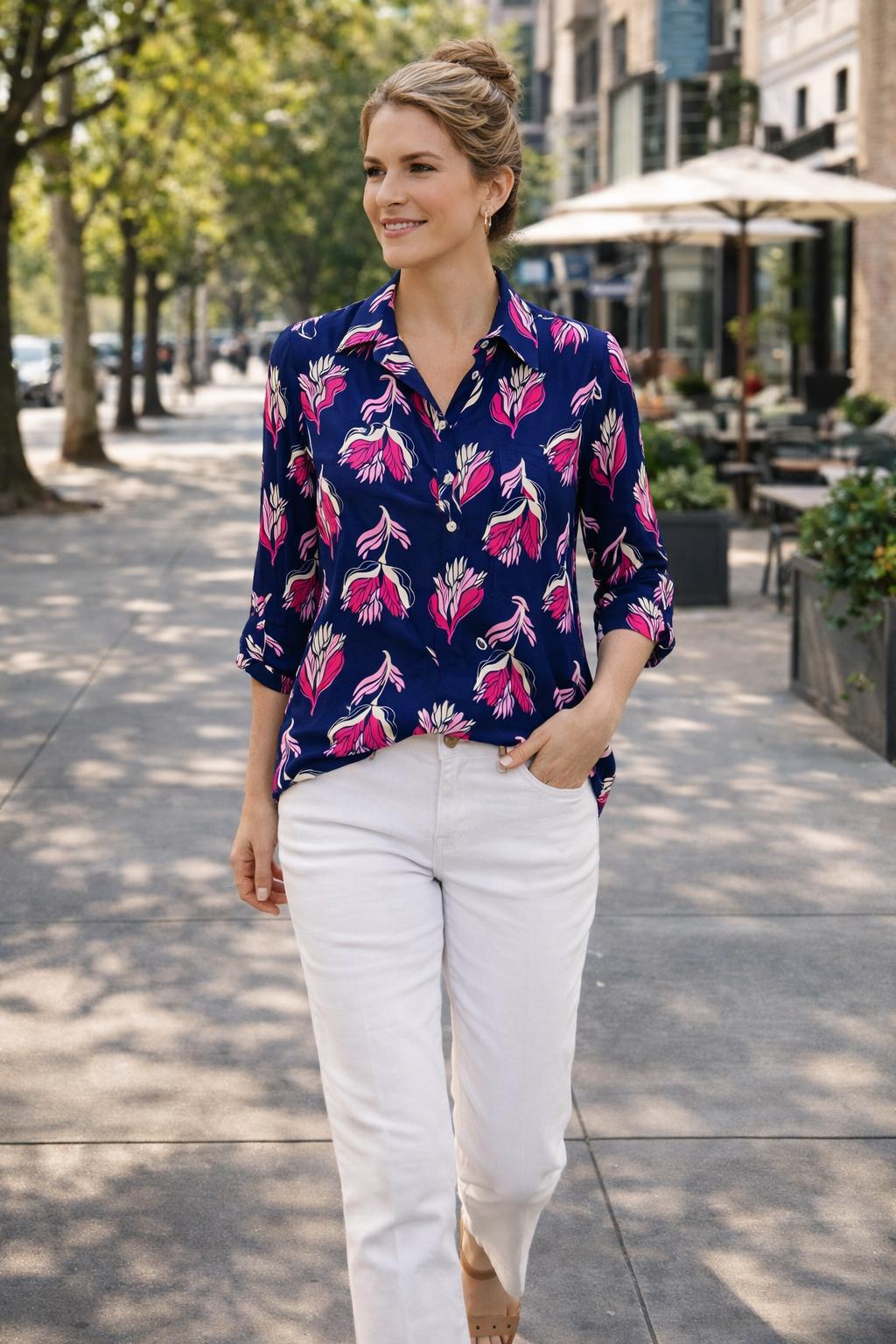 Yew top with Collar and 4 button opening in navy print  Yew26 16