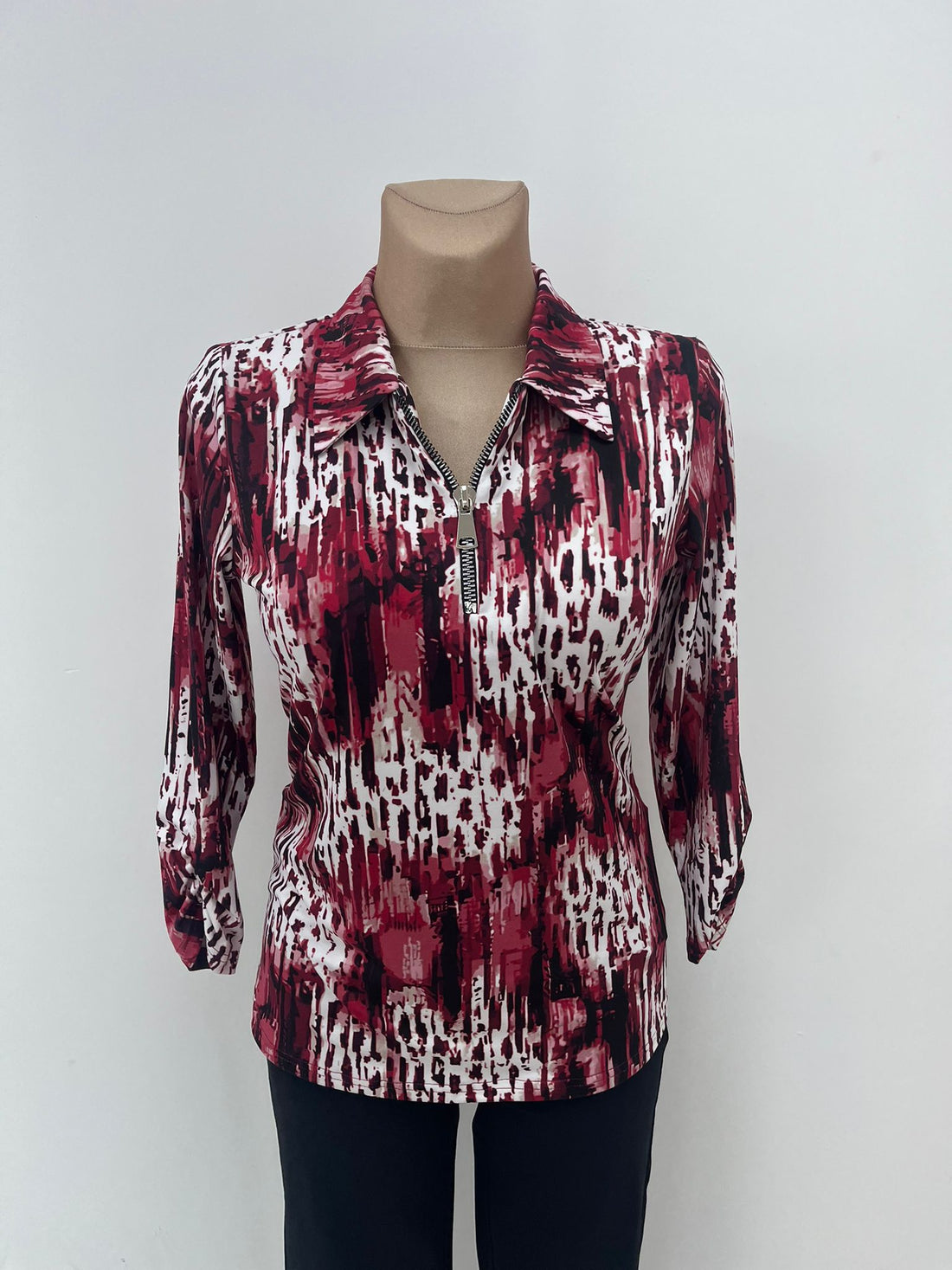 Yew Top in Burgundy and Black Print with Collar and 1/4 Zip.