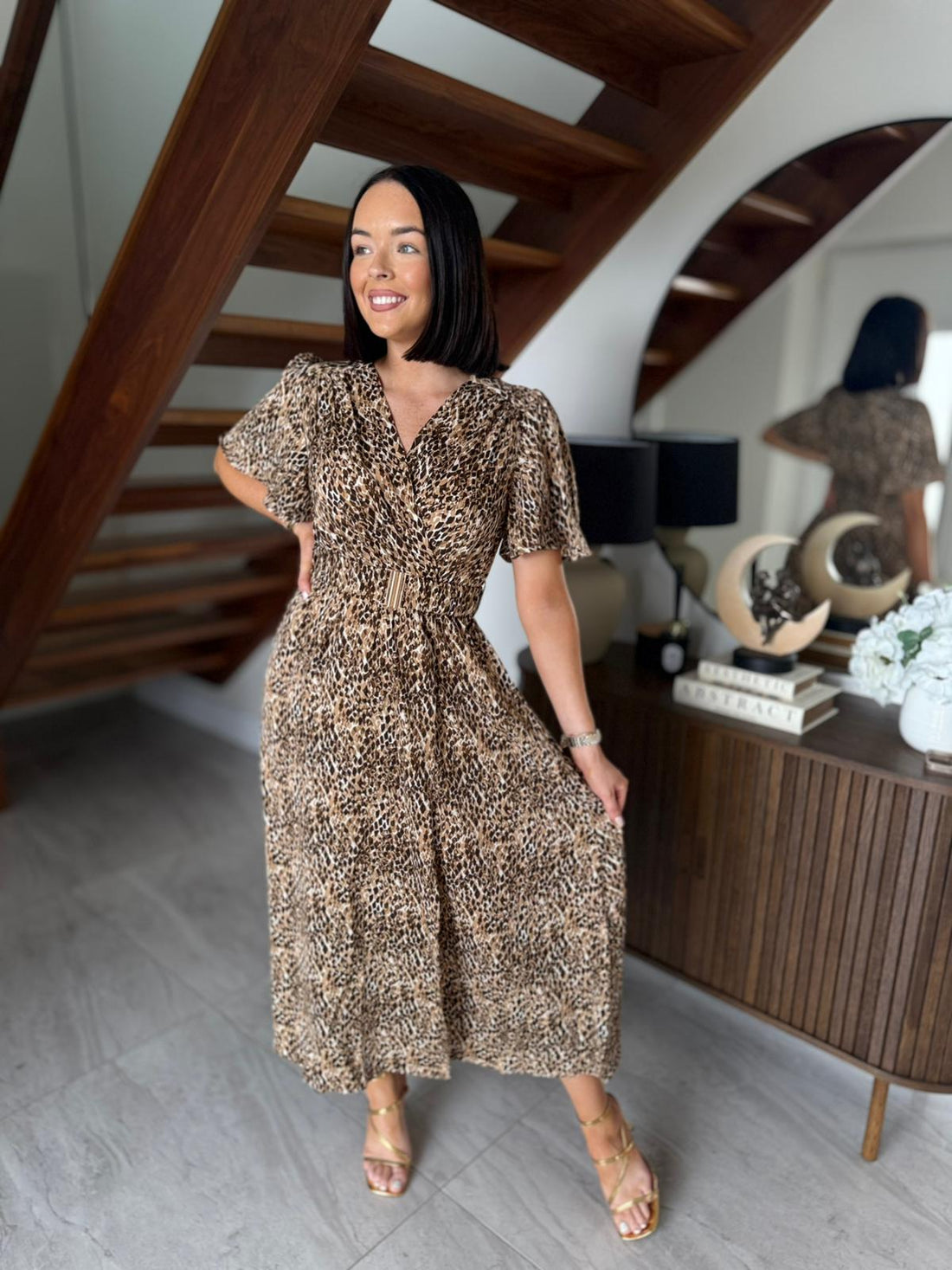 Mock Wrap midi dress with ruched elastic belt.