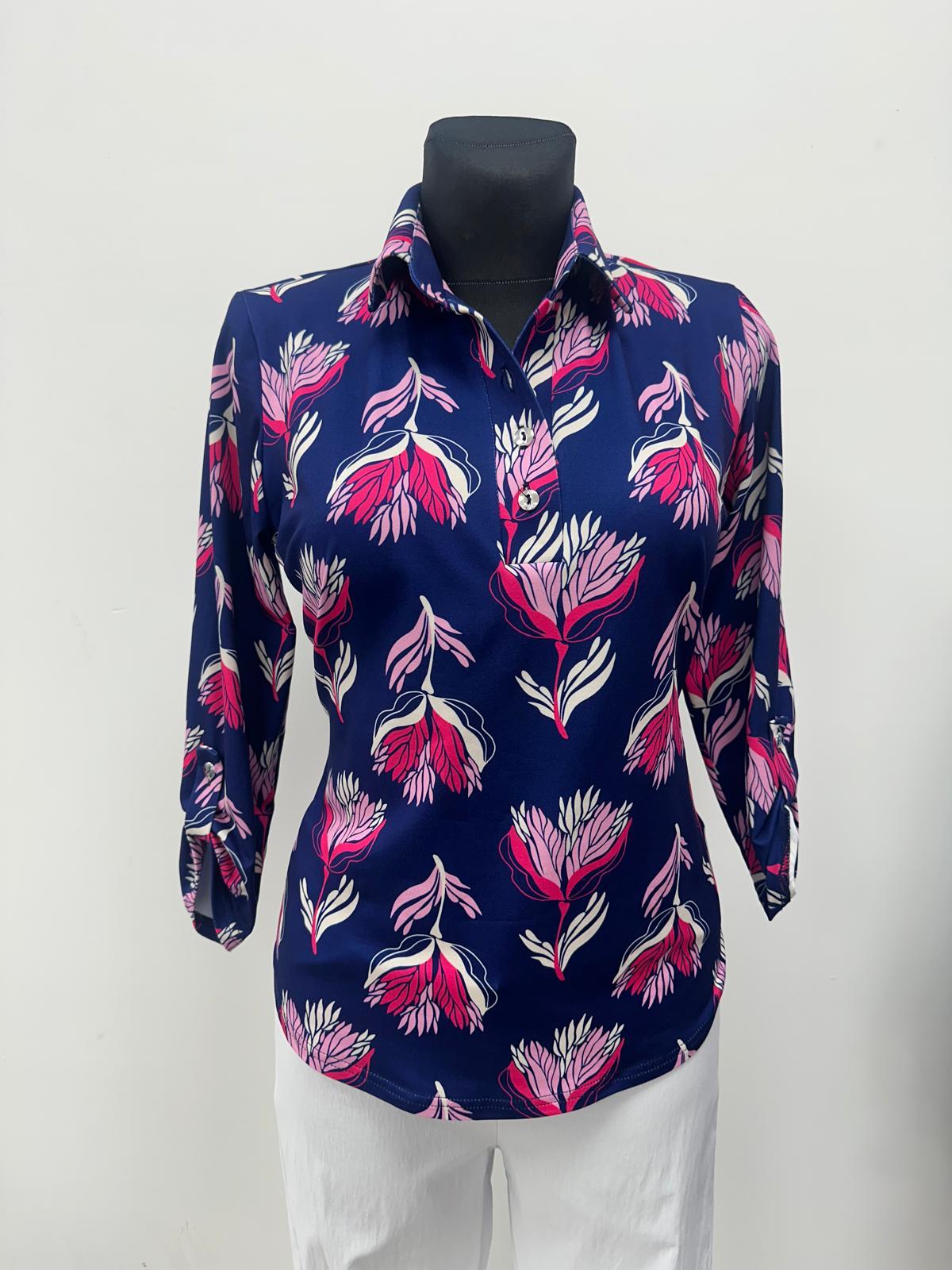 Yew top with Collar and 4 button opening in navy print  Yew26 16