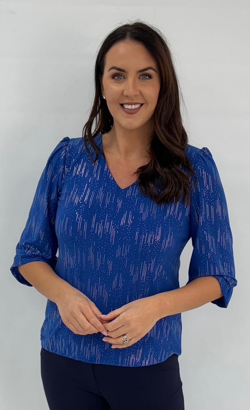 Yew Audrey Royal Blue V neck Top with cascading gold Detail