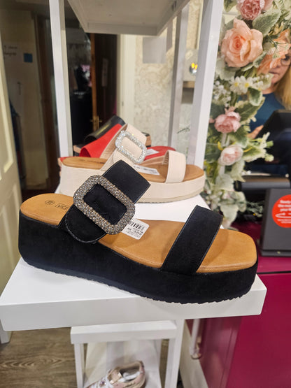 Slip on Faux Suede Sandal with Diamante Buckle Black